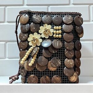 Novica coconut shell Brown Crossbody Bag with Textured Floral Accents luxury NWT